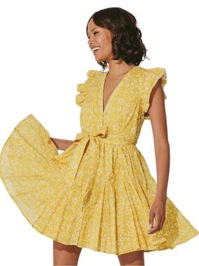 CLEOBELLA 100% Cotton Zia Mini Dress in Cassia Floral V-Neck Tie-Waist Size XS